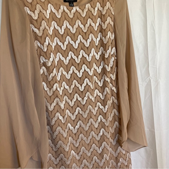 CONNECTED APPAREL Women’s Tan Cream Lace Sheath Dress Flowy Long Sleeve Size 8 - Picture 9 of 14